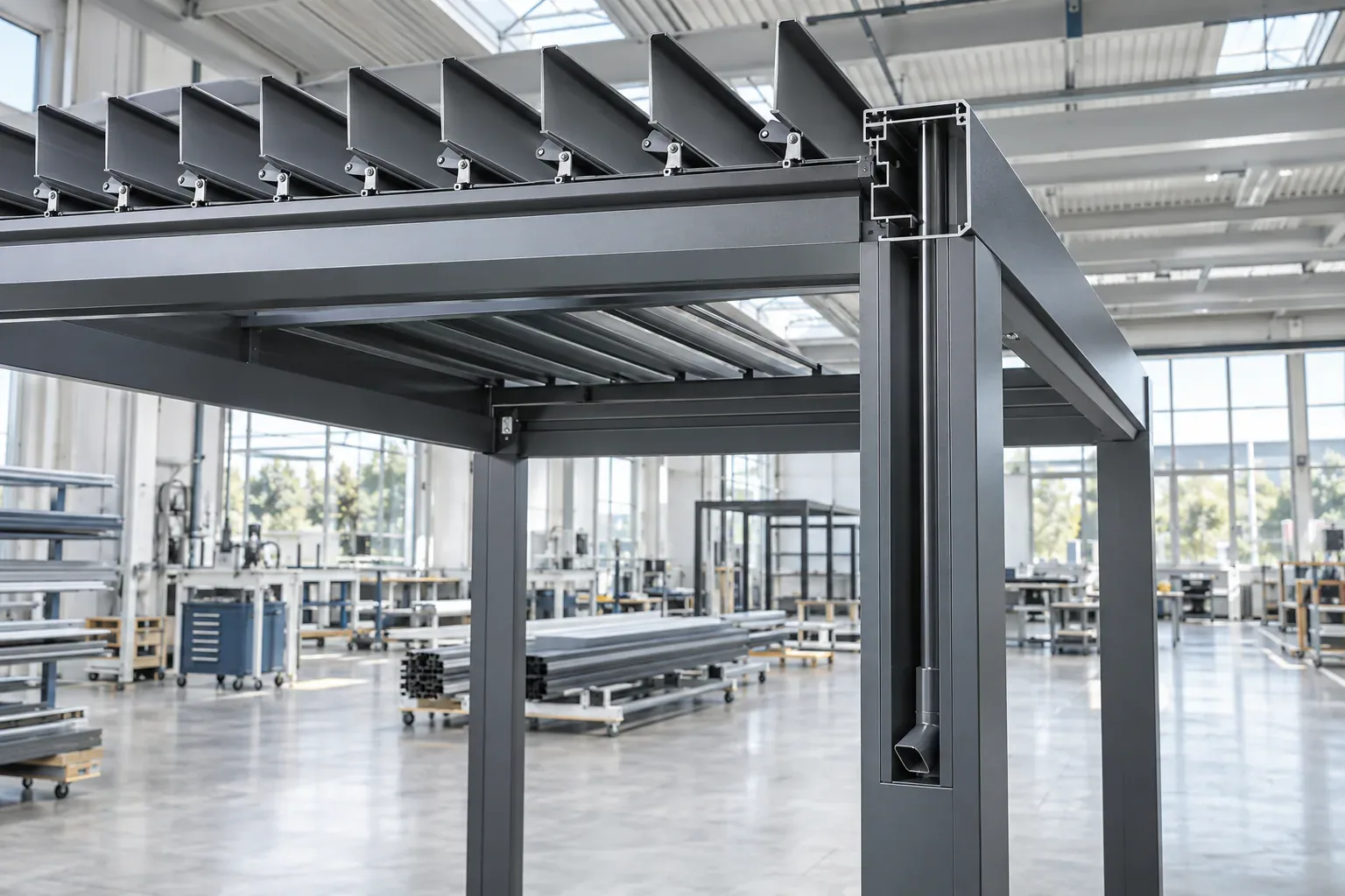 Close-up view of adjustable aluminum pergola roof louvers
