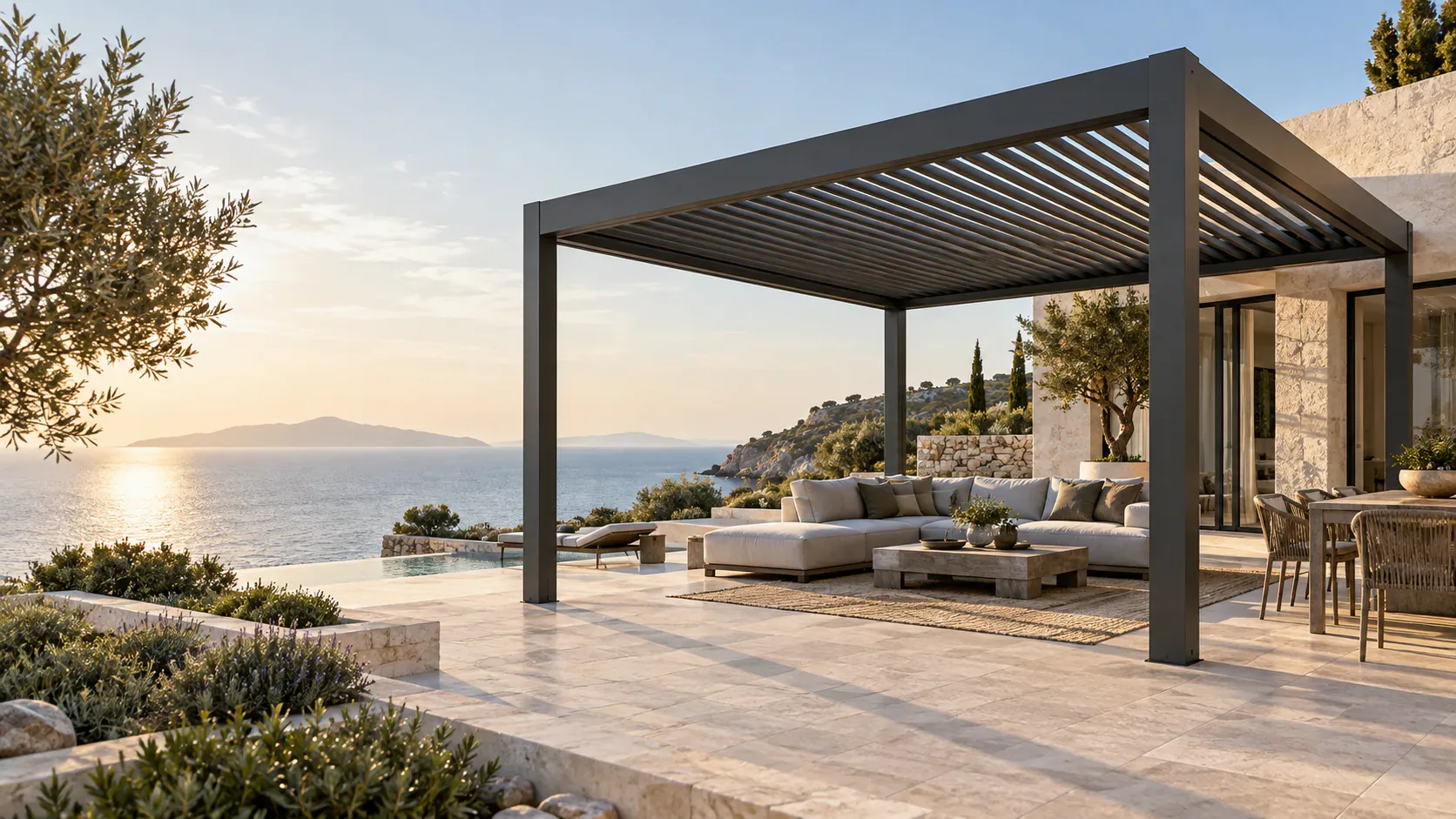 Modern aluminum louvered pergola with adjustable roof louvers on a contemporary outdoor terrace