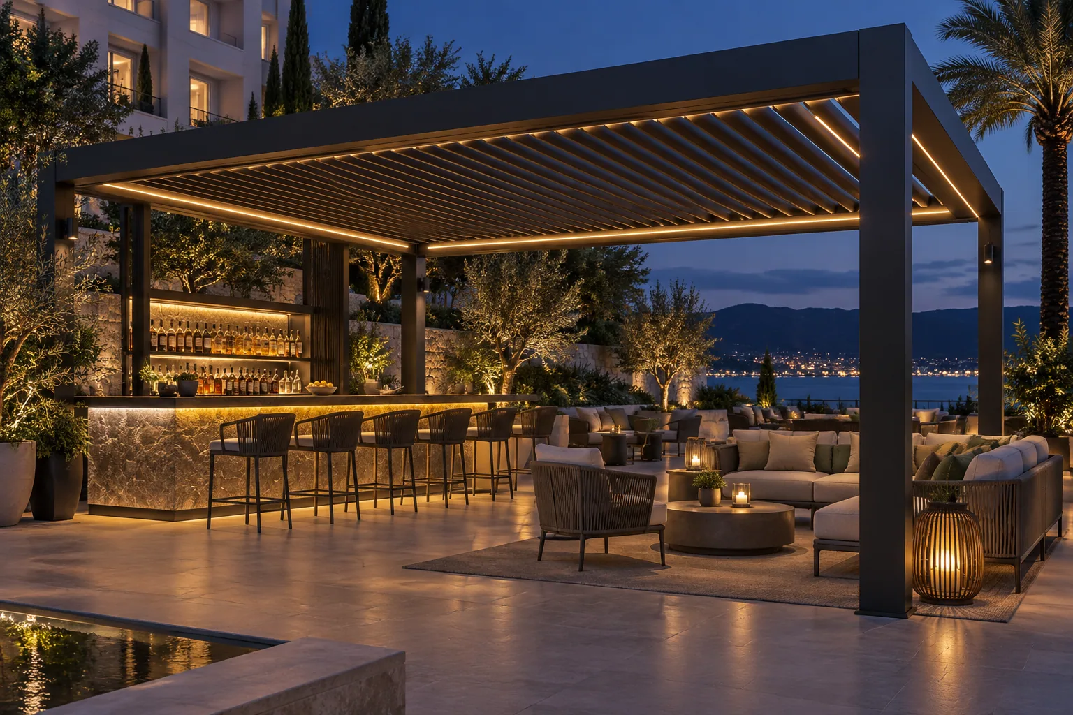 Outdoor bar and lounge pergola aluminum louvered pergola application visualization
