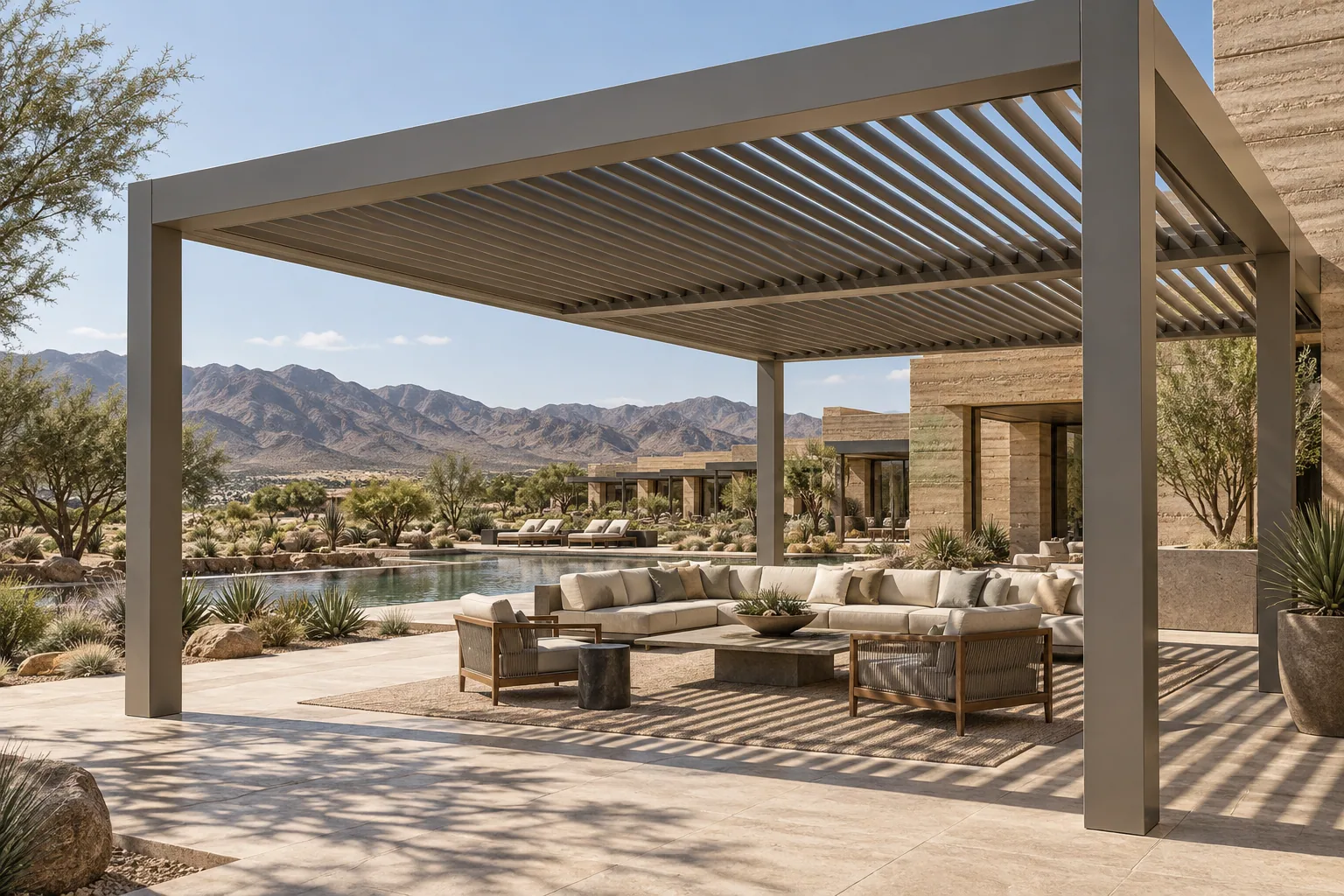 Desert resort pergola aluminum louvered pergola application visualization