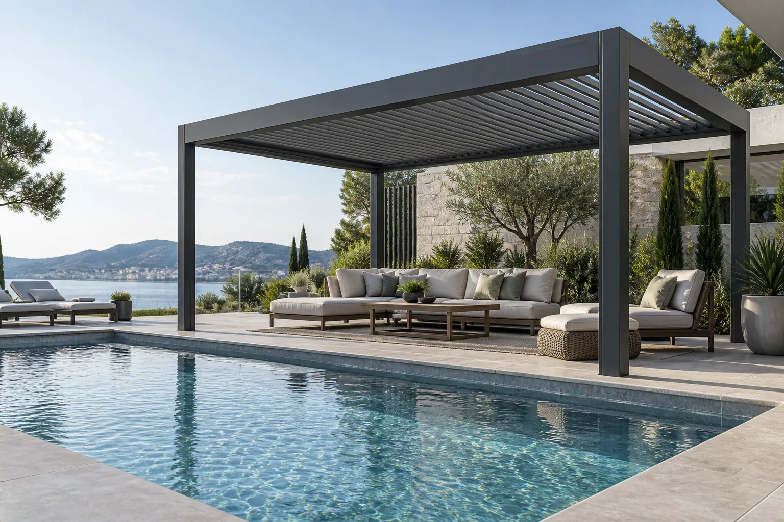 Poolside pergola aluminum louvered pergola application visualization