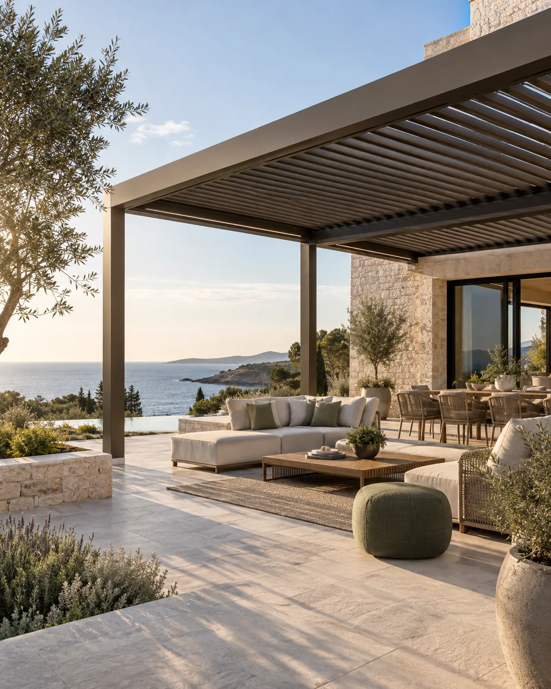 Concept illustration of a louvered pergola over a residential outdoor lounge
