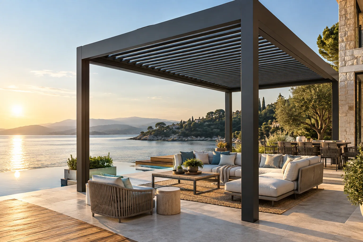 Lakeside and waterfront pergola aluminum louvered pergola application visualization