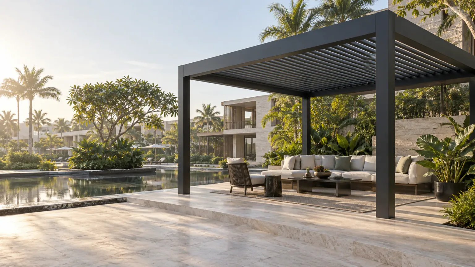 Concept aluminum pergola with adjustable louver roof above a landscaped terrace