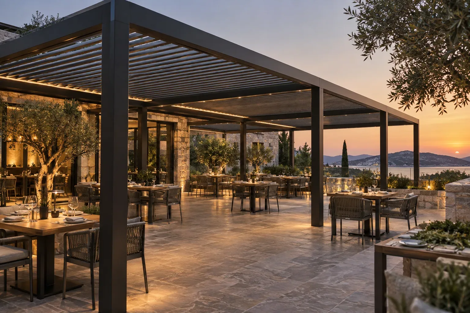 Commercial restaurant louvered pergola planned around seating and circulation