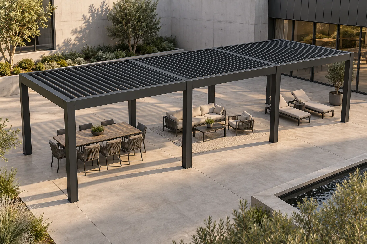 Modular aluminum louvered pergola configuration for commercial outdoor planning