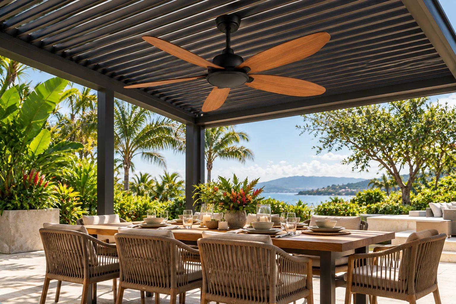 Five-blade wood-look outdoor ceiling fan above a pergola dining terrace