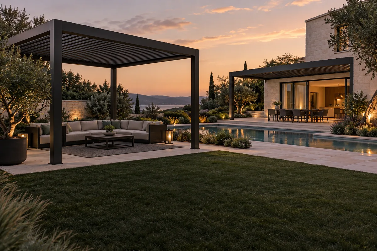 Aluminum pergola installation planning with coordinated frame components and site access
