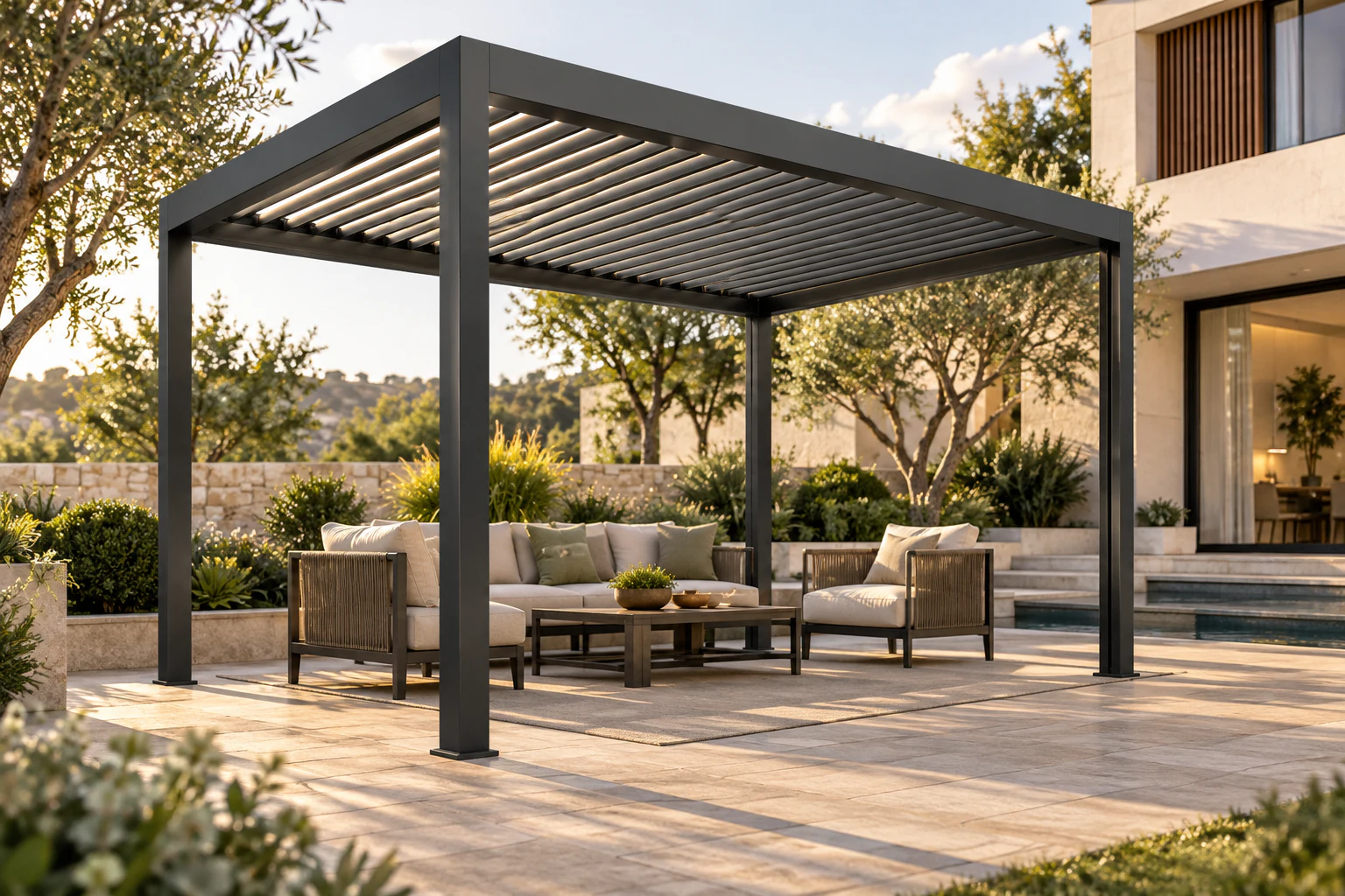 JY180 lightweight aluminum louvered pergola in a compact villa courtyard
