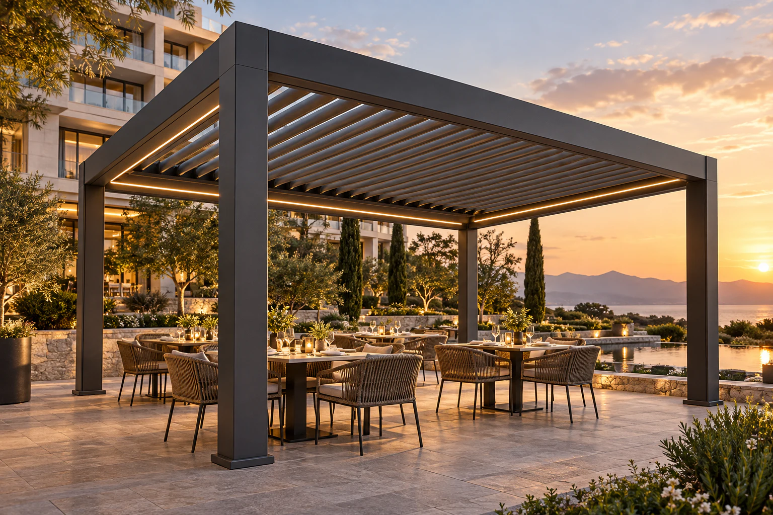 JY220 heavy-duty aluminum louvered pergola on a hospitality terrace