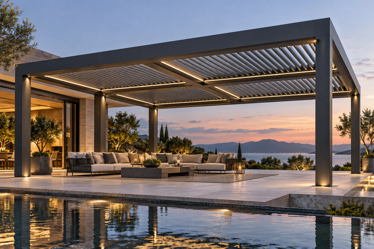 JY250 ultra-heavy large-span aluminum louvered pergola over a resort terrace