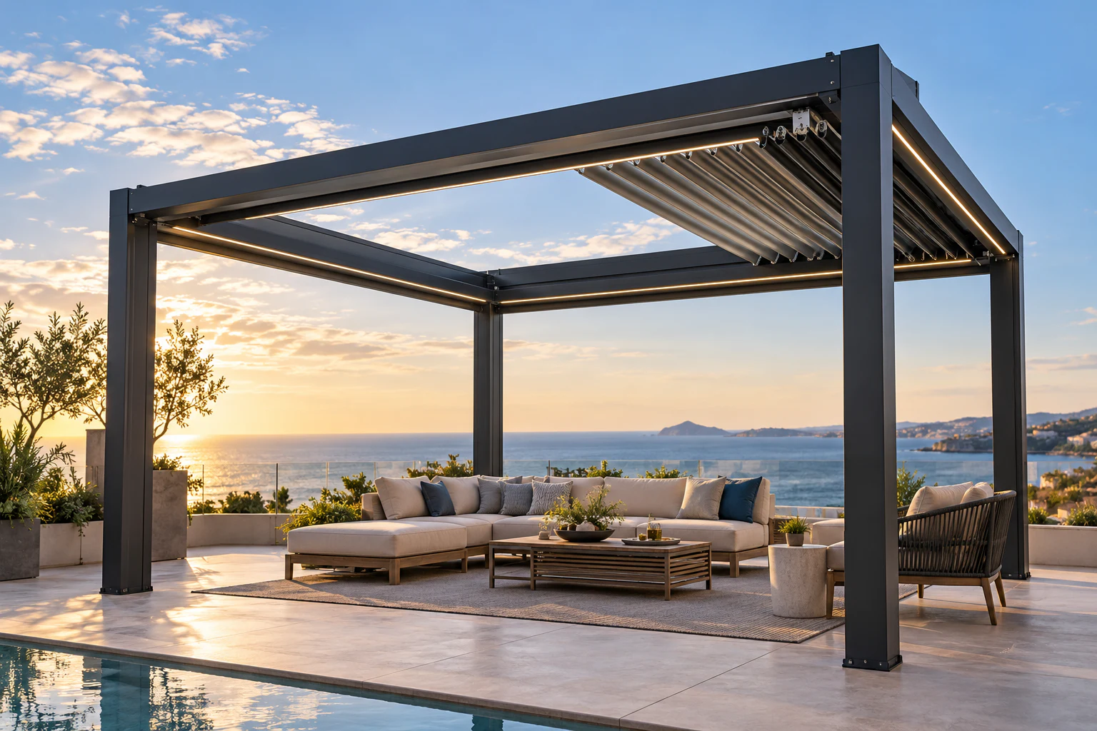 JY280 retractable aluminum louvered pergola with the folding roof partially open
