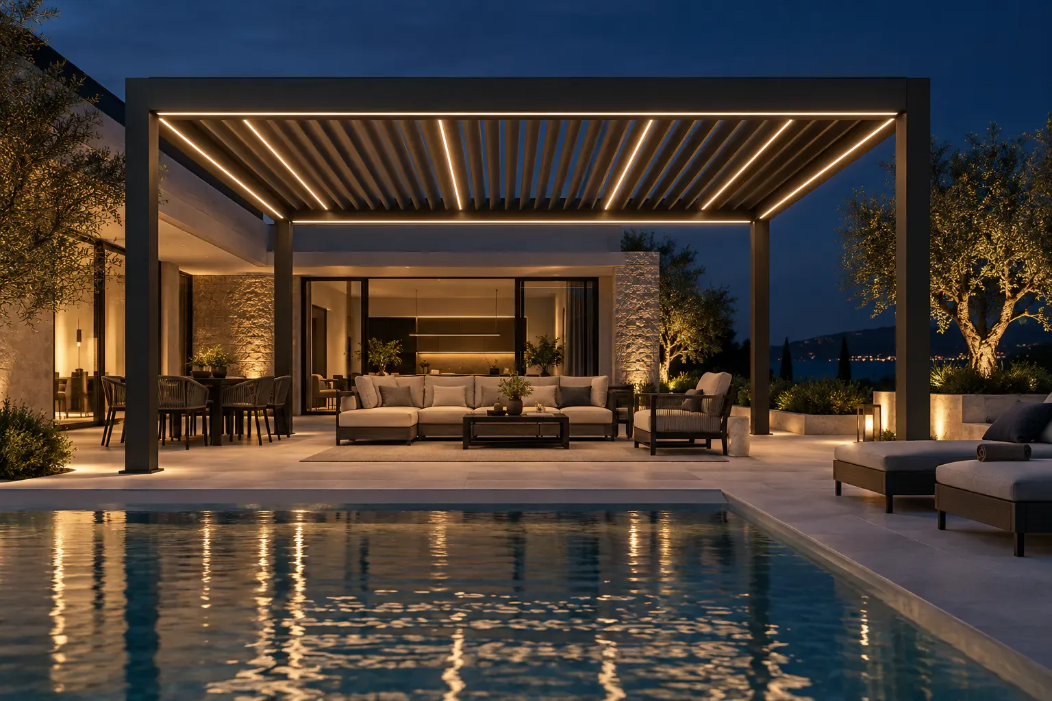 Aluminum louvered pergola configured with integrated outdoor accessories