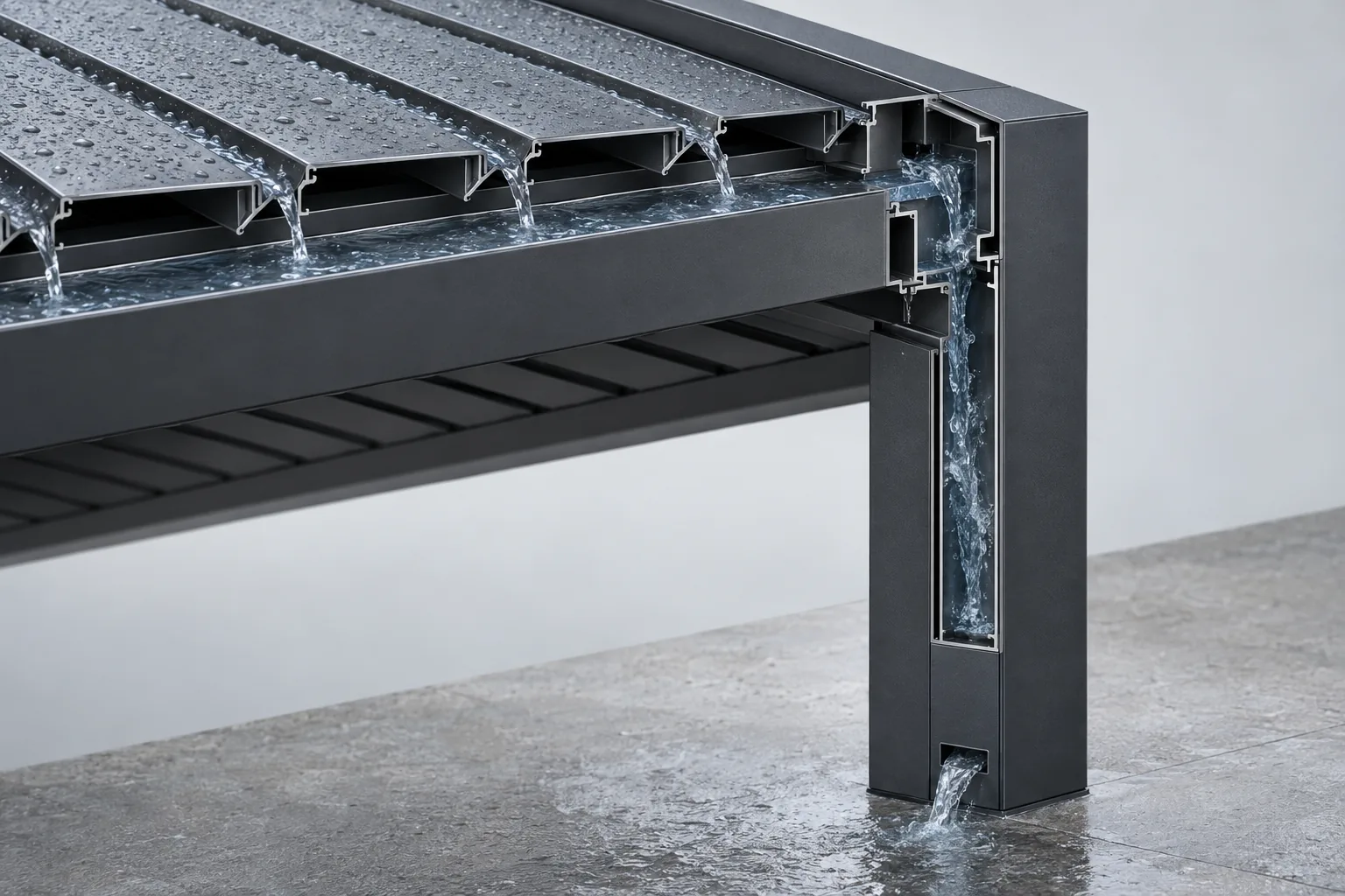 Technical visualization of integrated louvered pergola rainwater drainage system