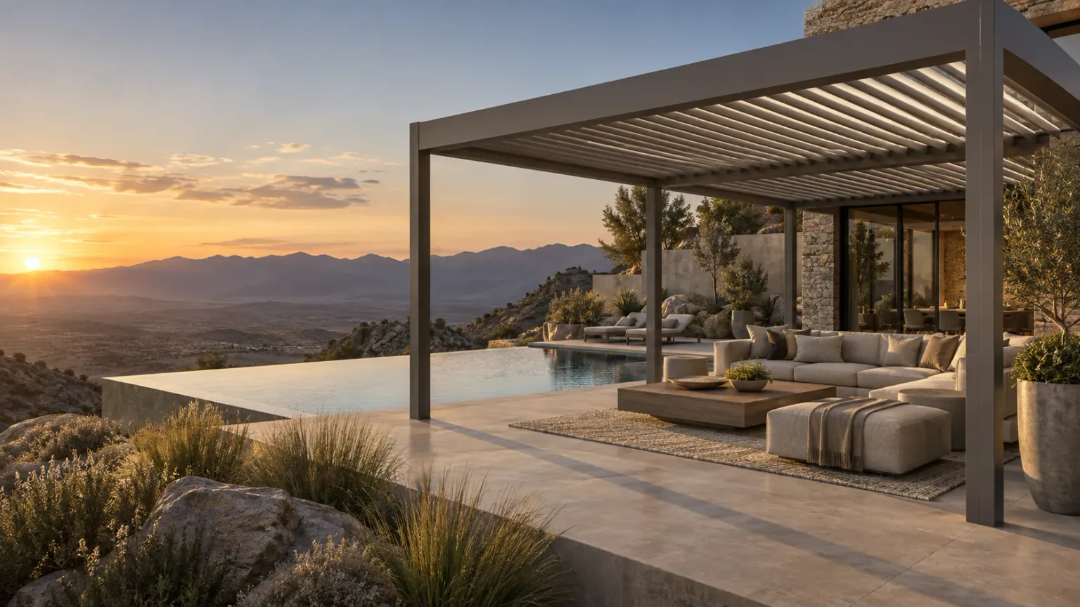 Concept motorized louvered pergola with integrated lighting on an evening terrace