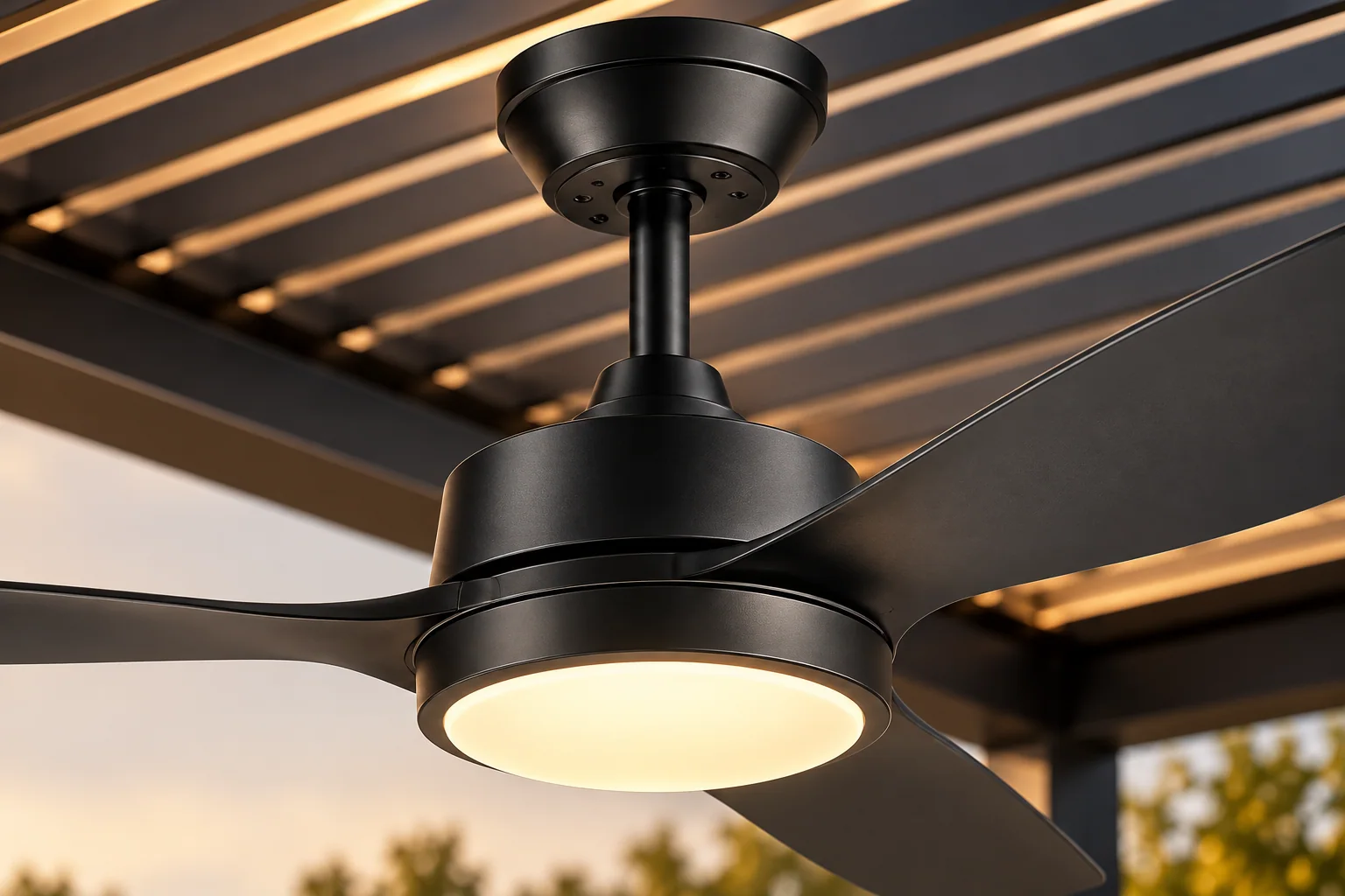 Outdoor ceiling fan downrod, motor housing, blade and integrated light details