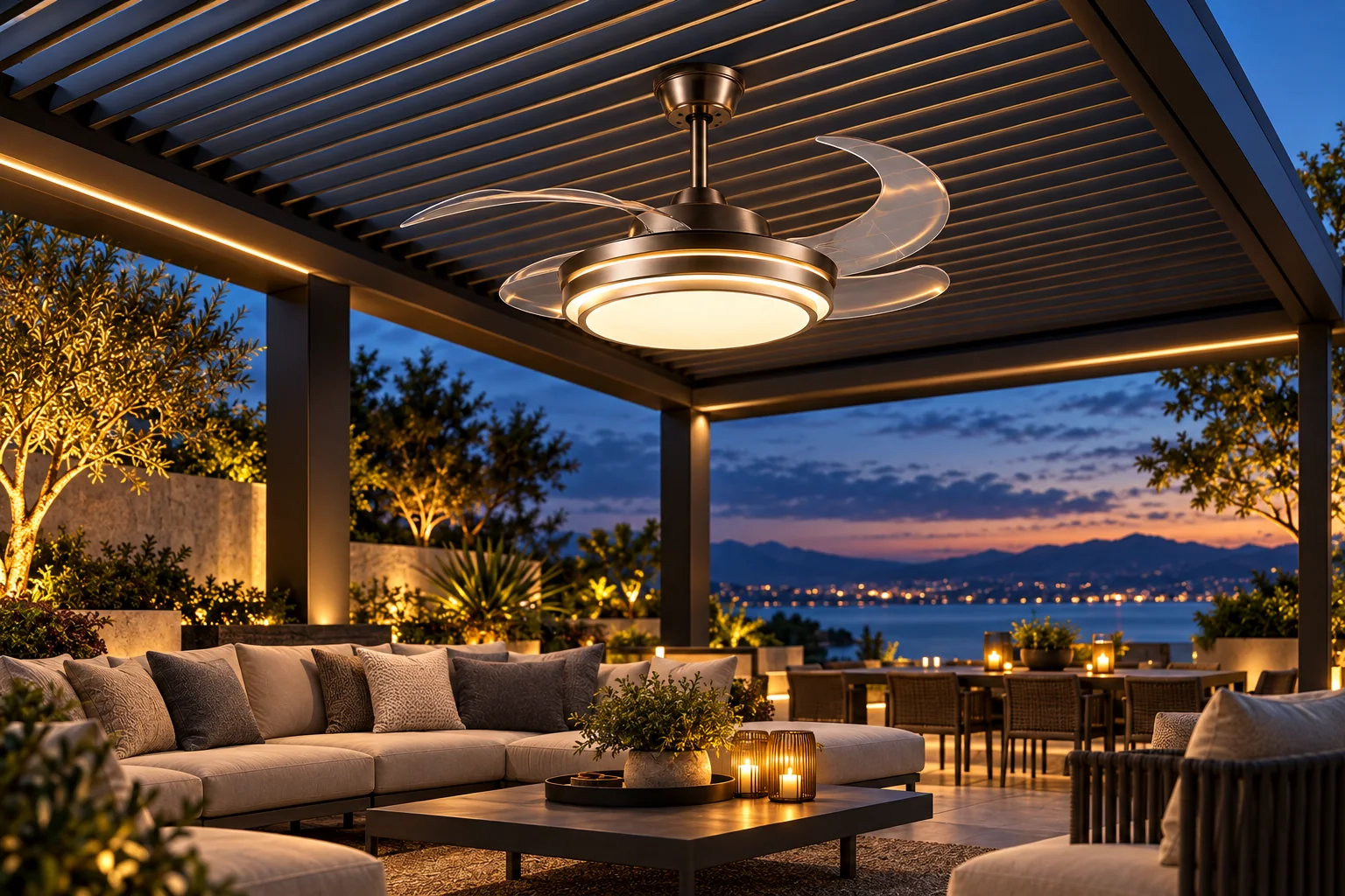 Outdoor retractable ceiling fan with integrated light under a louvered pergola lounge