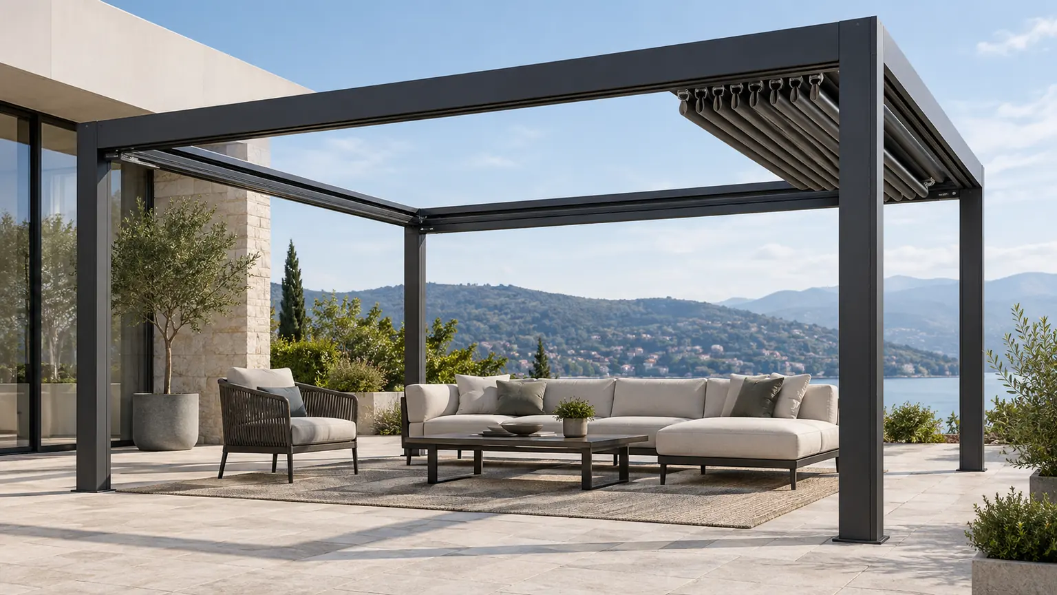 Retractable roof pergola compared with rotating louver roof configuration