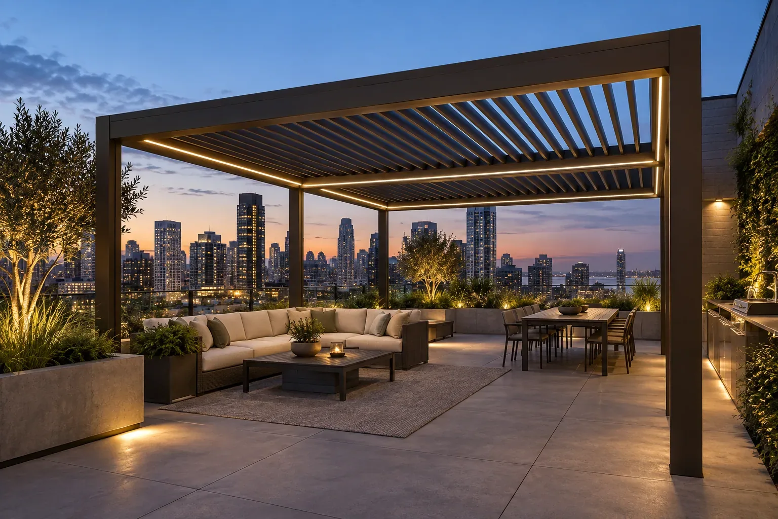 Concept rooftop louvered pergola where wind exposure requires project-specific review