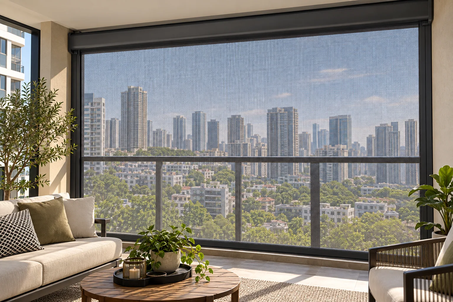 Residential city balcony with a high-openness guided ZIP screen