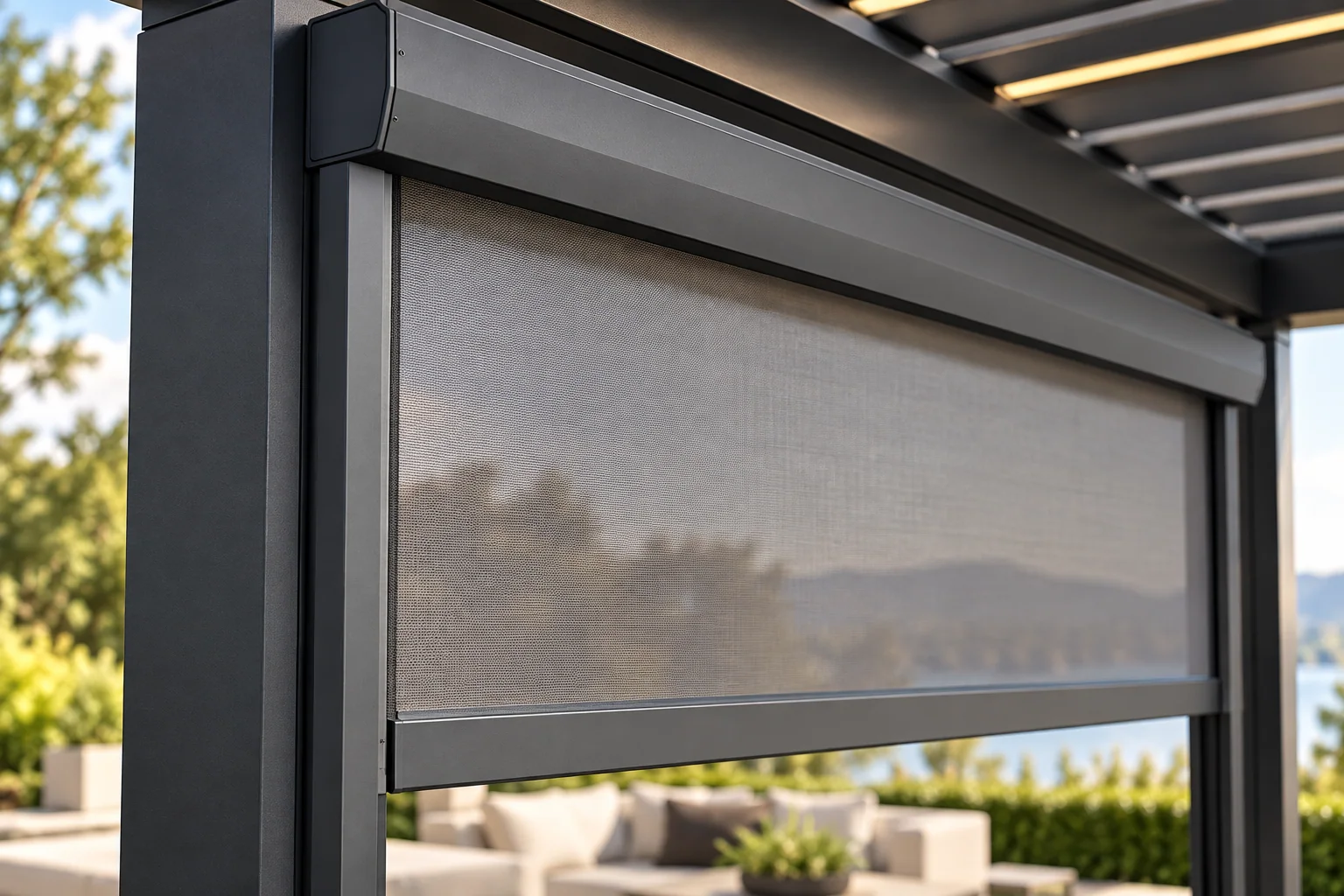ZIP screen cassette, guided fabric edge and bottom rail installation detail