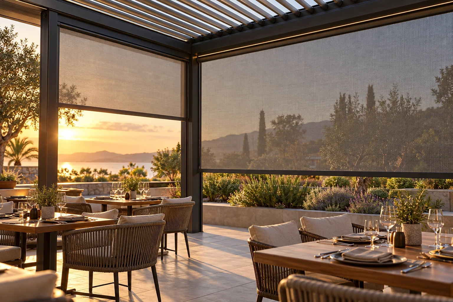 Hospitality terrace using view-through ZIP screens for low-angle sun